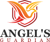 Angel's guardian logo on an orange background.