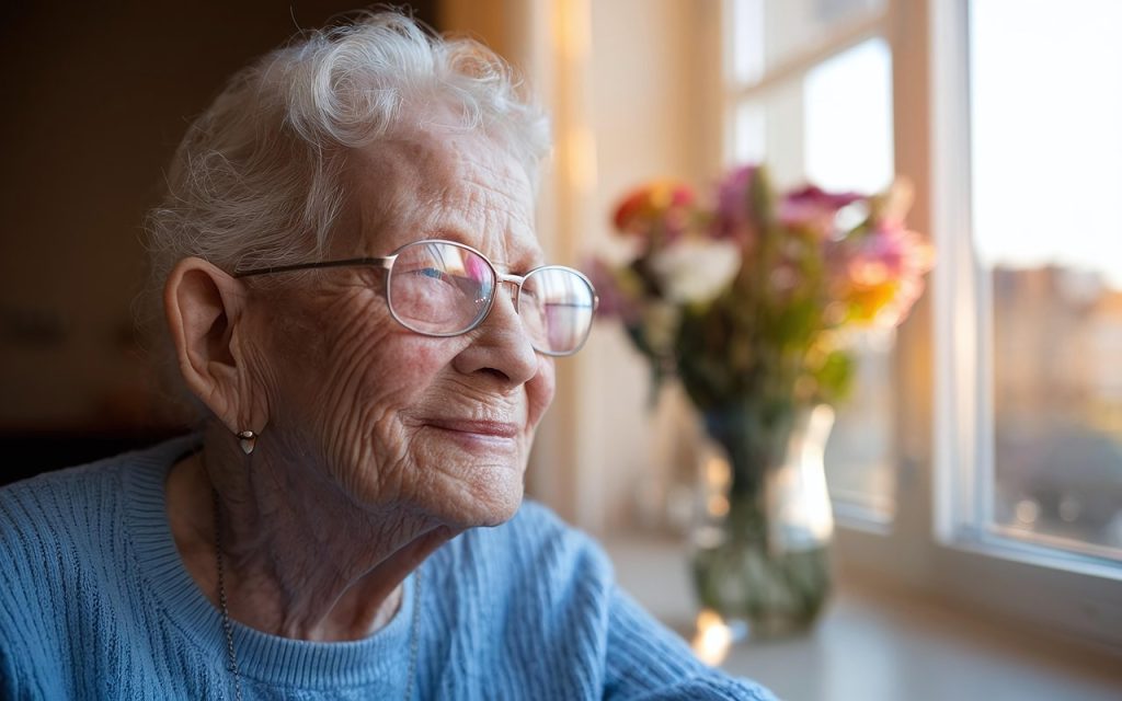 Elderly woman wearing glasses and a blue sweater sits by a window, smiling and looking outside; a vase with colorful flowers is in the background.